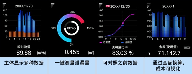 主體顯示多種數(shù)據(jù) | 一鍵測量泄漏量 | 可對照之前數(shù)據(jù) | 通過金額換算，成本可視化